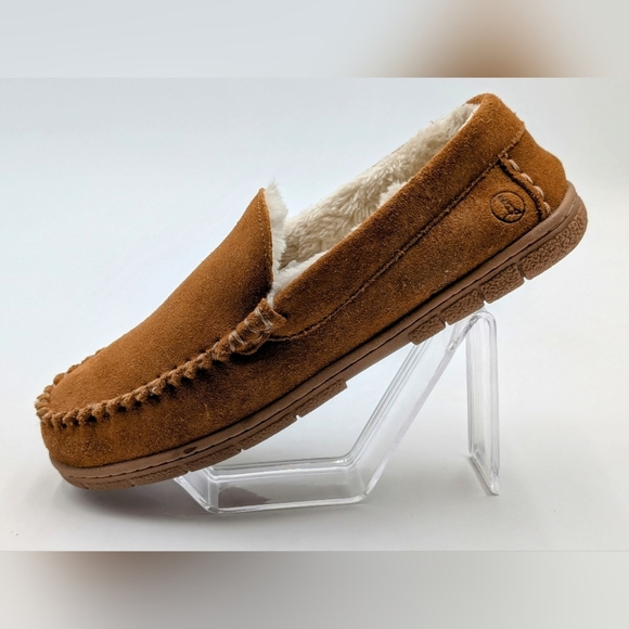 Lands' End Suede Moccasin Slippers Men Sz 8 Chestnut Brown Shearling Lining - Picture 2 of 10
